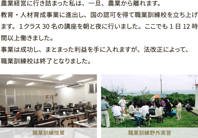 農業経営に行き詰まった私は、一旦、農業から離れます。
                    教育・人材育成事業に進出し、国の認可を得て職業訓練校を立ち上げます。１クラス30名の講座を朝と夜に行いました。ここでも1日12時間以上働きました。事業は成功し、まとまった利益を手に入れますが、法改正によって、職業訓練校は終了となりました。